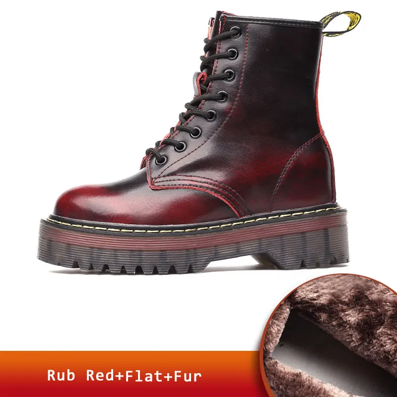 Wine Red Fur Ботинки из натуральной кожи; ботинки на плоской платформе; женская обувь; сезон осень-зима; модные кожаные ботинки на меху с круглым носком на шнуровке; женская обувь - Цвет: Wine Red Fur