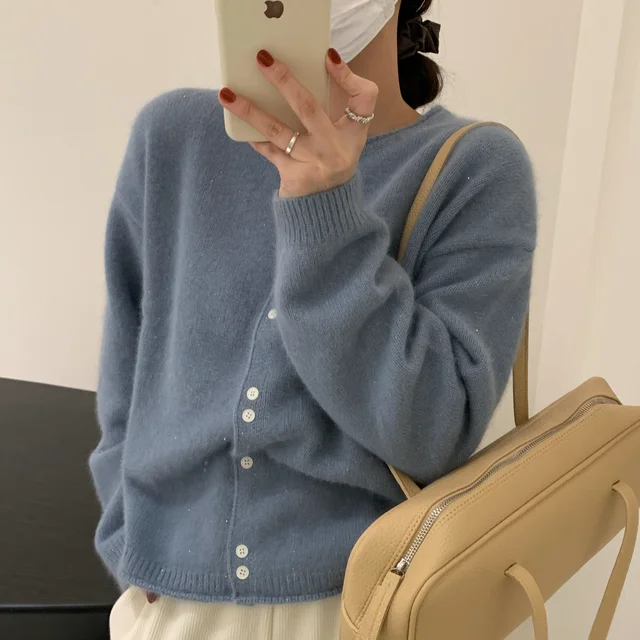 Fall 2021 Women Clothing Oversize Womens Sweaters Autumn Vintage Loose Winter Sweater Knitted Women Cardigan Knit Button Maxi Blue