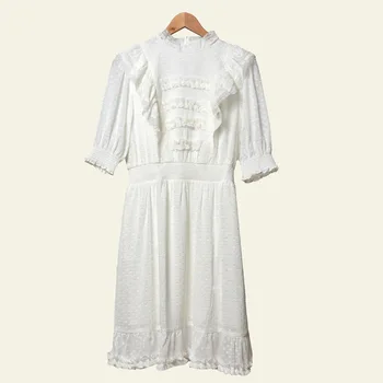 

White Women Dot Lace Dress 2020 New Spring Summer O-neck Lady Sweet Ruffled Slim Waist Female Knee-length Dresses