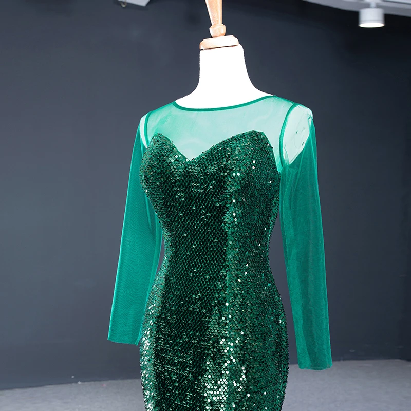 RSM67083 Green Sexy Shiny Evening Dress Banquet Party Transparent Lace Fishtail Long Sleeve Sequined Lace-up Backless Maxi Dress 5