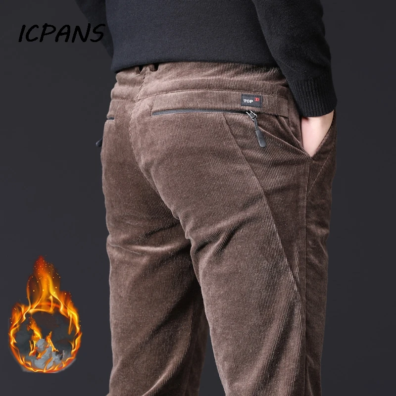 ICPANS Thicken Fleece Corduroy Winter Pants Men Zipper Black Khaki Pencil Pants Male Trousers of Leisure Men's Casual Pants ICPANS Thicken Fleece Corduroy Winter Pants Men Zipper Black Khaki Pencil Pants Male Trousers of Leisure Men's Casual Pants