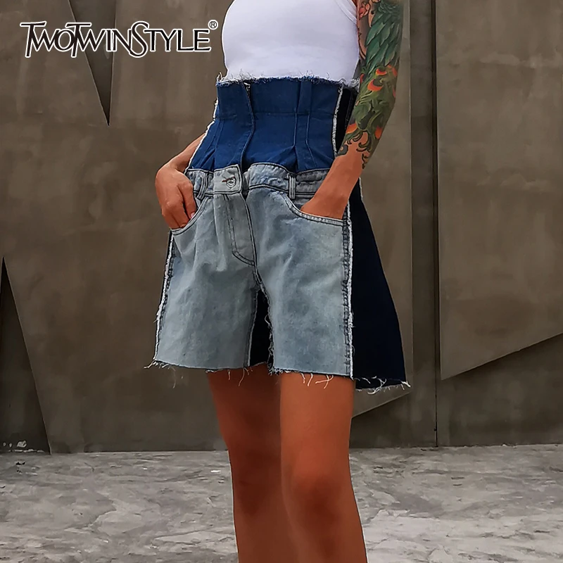 

TWOTWINSTYLE Patchwork Hit Color Denim Shorts Women High Waist Tunic Pockets Loose Wide Leg Short Female 2020 Summer New Fashion