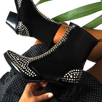 

Women's Pointed Toe Rivet Ankle Chelsea Boots 2020 Woman Elegant Slip On Pumps Women Cool Mid Heels Ladies Footwear Female Shoes
