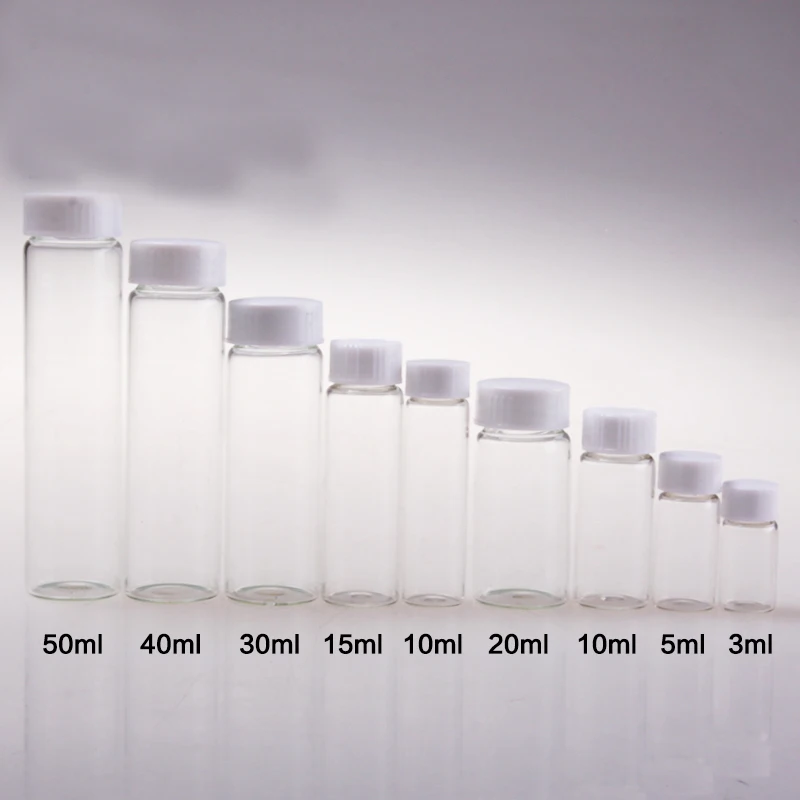 20pcs/pack 3ml 5ml 10ml 15ml 30ml 40ml 50ml (Clear/ brown) Glass Seal Bottle Reagent Sample Vials With Plastic Lid Screw Cap