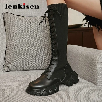 

Lenkisen hot riding boots genuine leather knitting cross-tied round toe thick high heel lace up pretty girls knee high boots L72