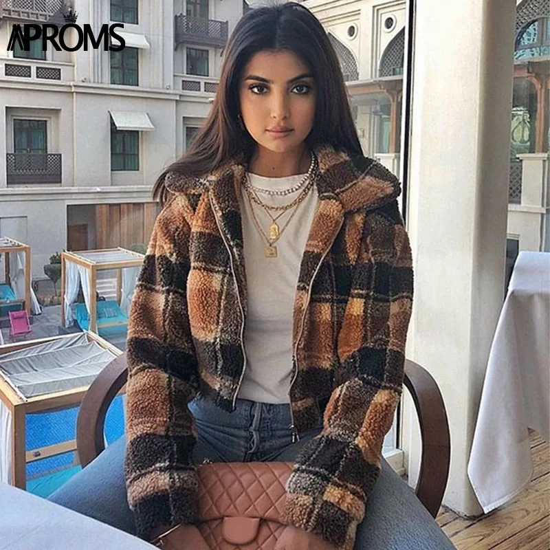 discount Aproms Vintage Brown Plaid Trucker Jacket Women Winter Warm Teddy Basic Cropped Coat Female Autumn