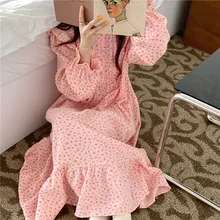 100% cotton gauze nightgown women long sleeve ruffles pink long dress homewear korean cute nightwear home vestidos autumn L461