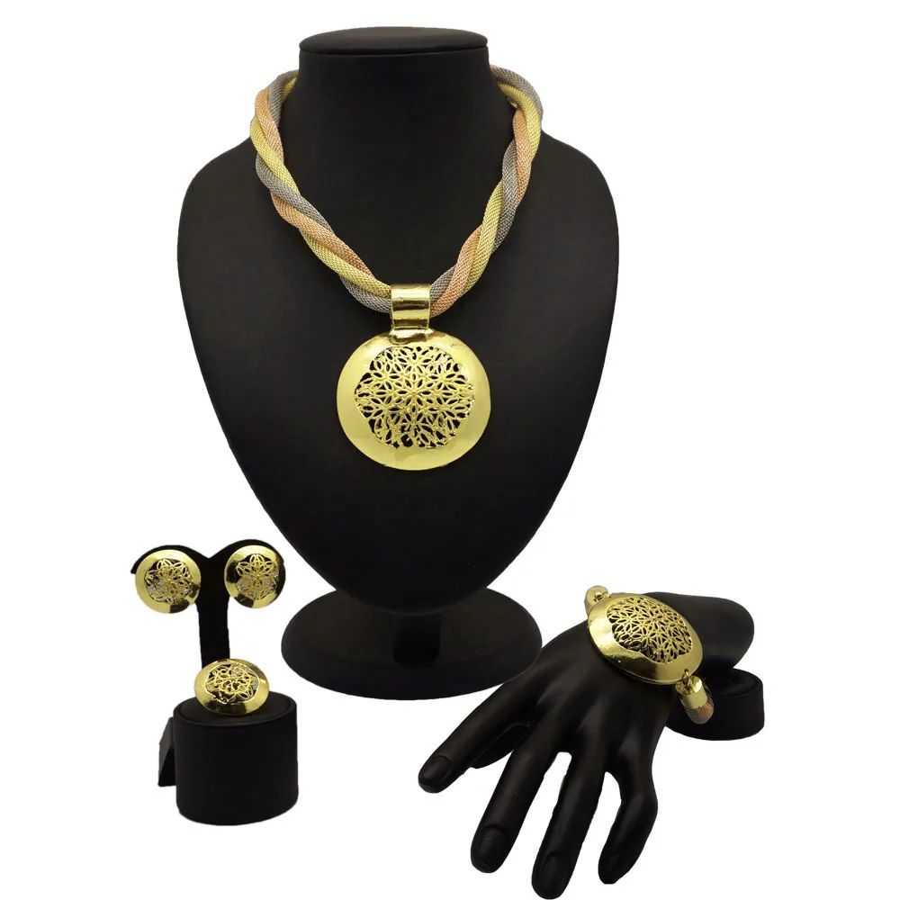 

Dubai Gold Jewelry Sets Women Fashion Big Pendant Necklace Earrings Ring Bracelet African Wedding Jewelry Set