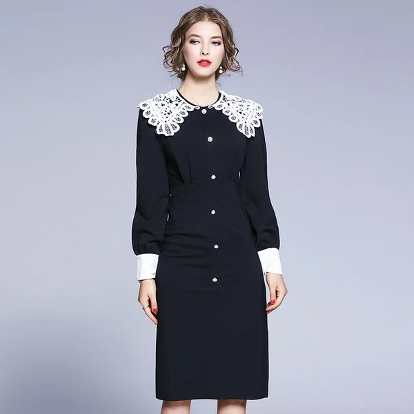 

2019 Spring And Autumn French Palace Retro Dress Women's Mid-length Slimming Lace Joint Skirt Immortal