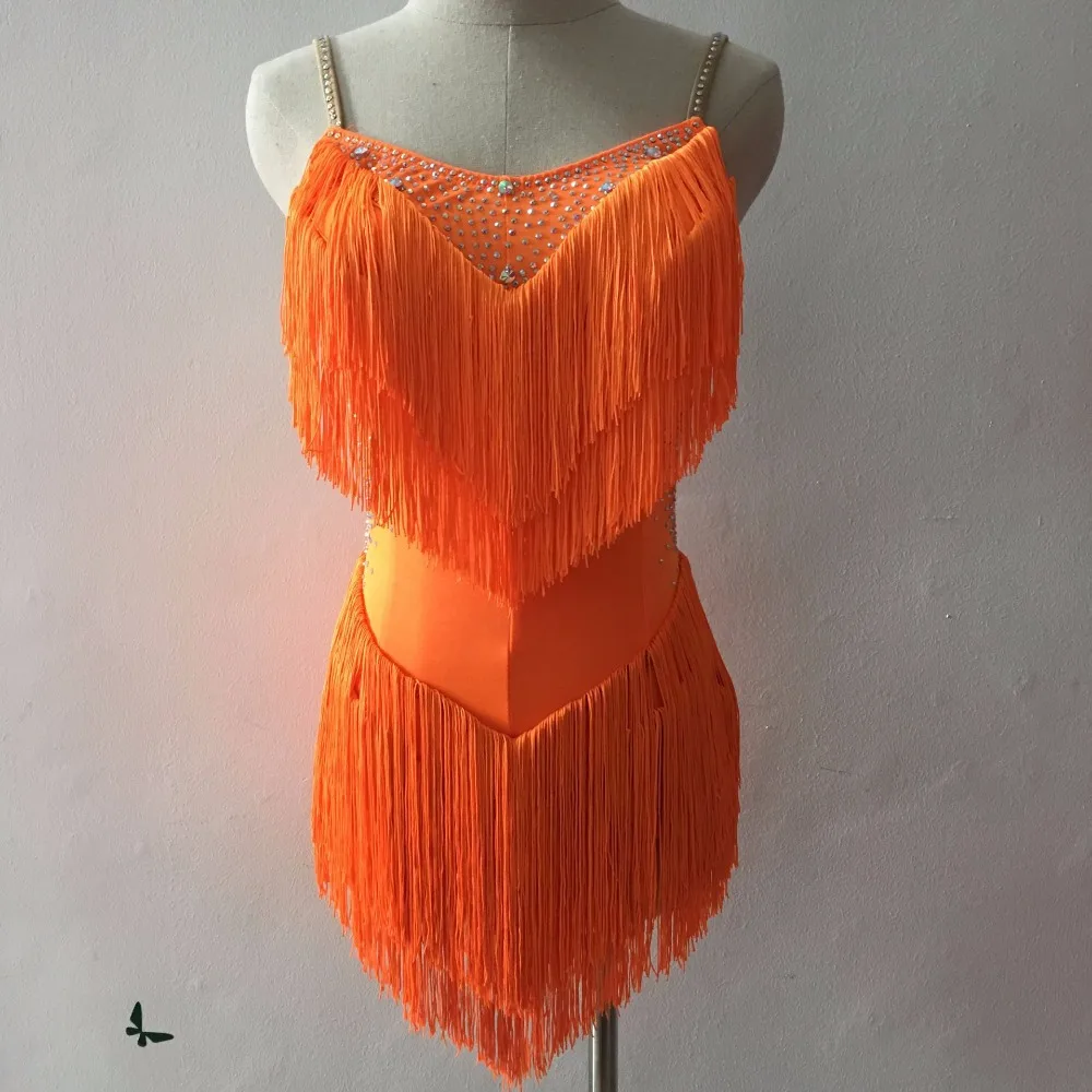 Orange Dress Лидер продаж, платья для латинских танцев для женщин, черные кружевные Клубные вечерние танцор певец, аттракцион с бахромой, черное платье DM1034 - Цвет: Orange Dress