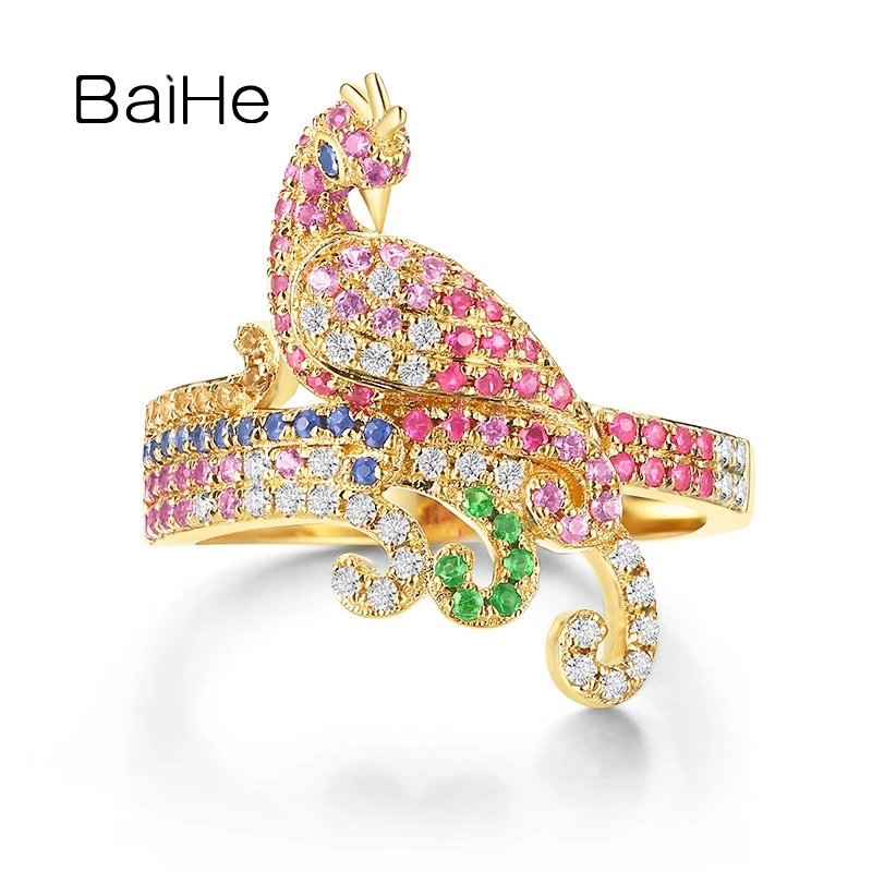 Baihe Solid 14K Yellow Gold Colore Naturale Zaffiro Diamante Tsavorite Bird Ring Donne Banchetto Stage Trendy Fine Jewelry Кольцо
