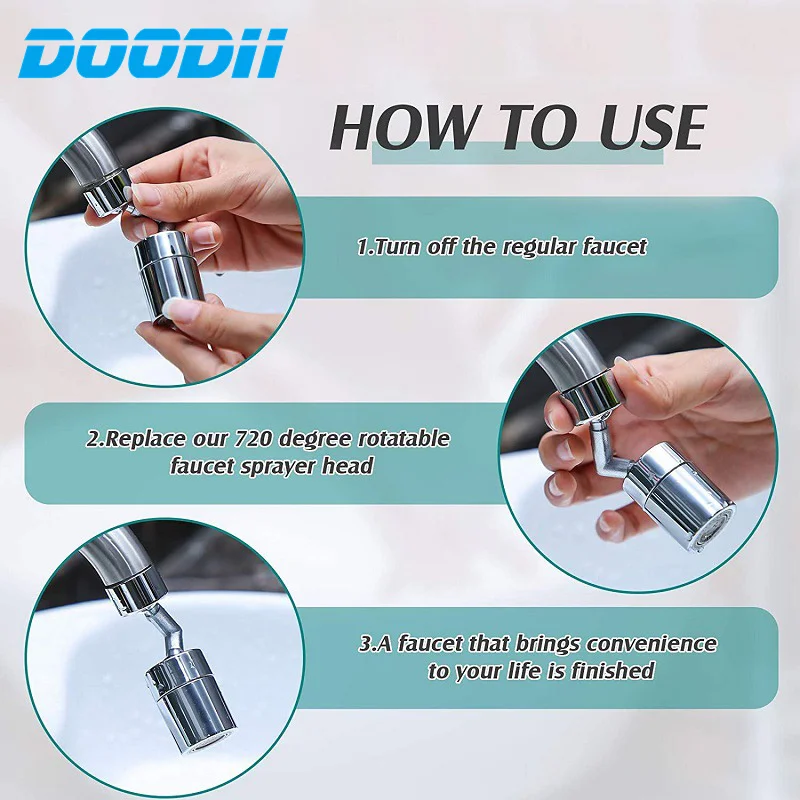 DOODII 720°Rotatable Universal Splash Filter Faucet Sprayer Head Flexible Faucets Sprayer Bathroom Kitchen Tap Extender Adapter