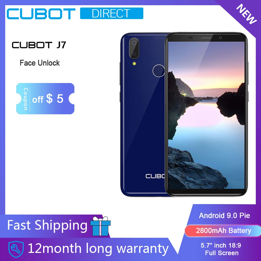 

Cubot J7 Cellphone 5.7" 18:9 Display Android 9.0 Pie Face ID Dual Rear Camera 13MP 2800mAh Smartphone Dual SIM Card Cellular
