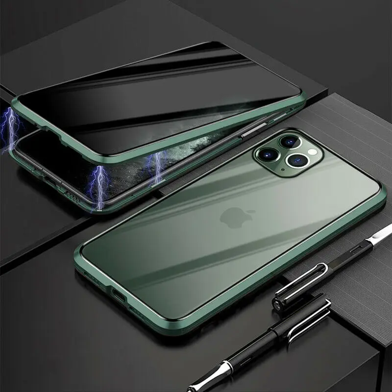 Для iPhone 11 Pro Max X XR XS MAX 7 8 6 6S Plus антишпионский стеклянный чехол с магнитной застежкой, металлическая передняя панель+ черная стеклянная крышка