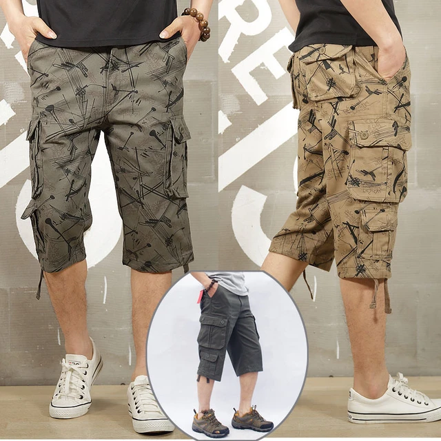 Camouflage Long Length Cargo Shorts Men Summer Casual Cotton Hot Breeches  Baggy Multi Pocket Military Capri