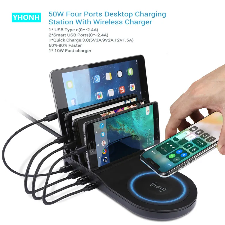 YHONH Fast Wireless Charger For iphone Samsung Qc 3.0 Quick Charge Multi Usb Port Charging Dock Station Desk Phone Holder Stand