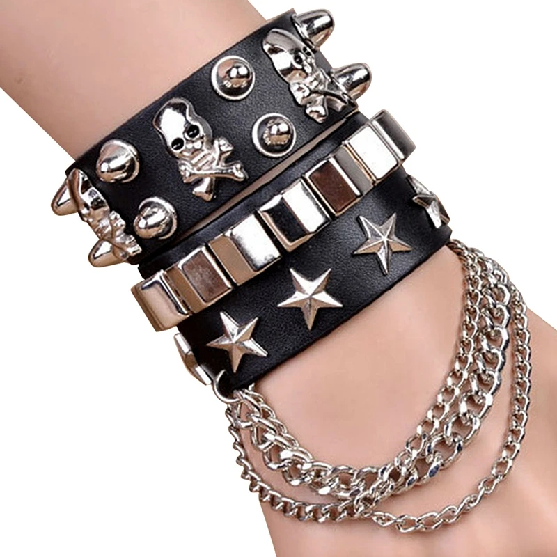 

Leather Wristband Bracelet Cuff Goth Bar Punk Bracelets Women Men Metal Armbands Cosplay Can Be Adjusted Rivet Hand Ring Jewelry