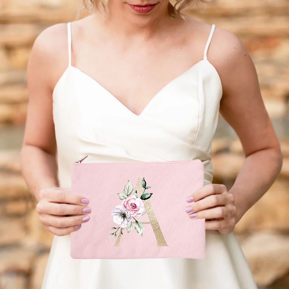 

Gold Alphabet Rose Flowers Women Canvas Cosmetic Cases Bags Makeup Pouch Fashion Casual Zipper Handbag Lipstick Storage Gifts