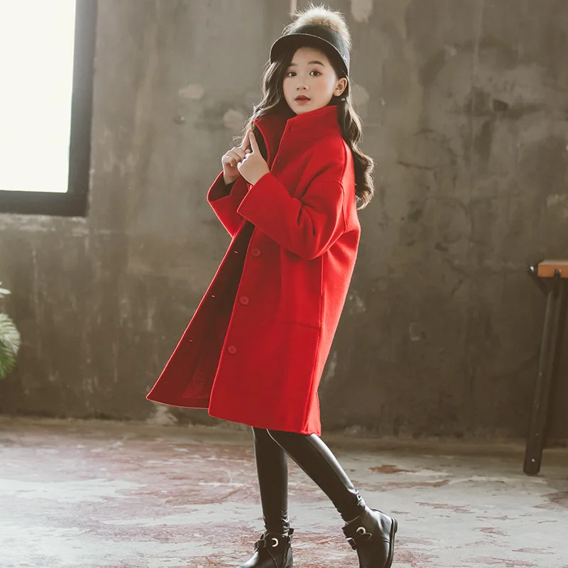 Autumn Winter Fashion Kids Girls Casual Solid Red Wool Cotton Coat Children Girl Woolen Outerwear Girls Overcoats Clothes