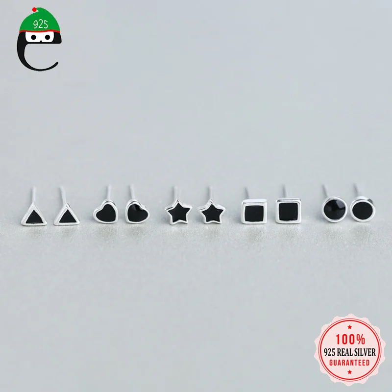 ElfoPlataSi, 925 пробы, серебряные, с черной глазурью, треугольные, сердце, звезда, квадратные, круглые серьги-гвоздики для женщин, серебряные ювелирные изделия 0DT14