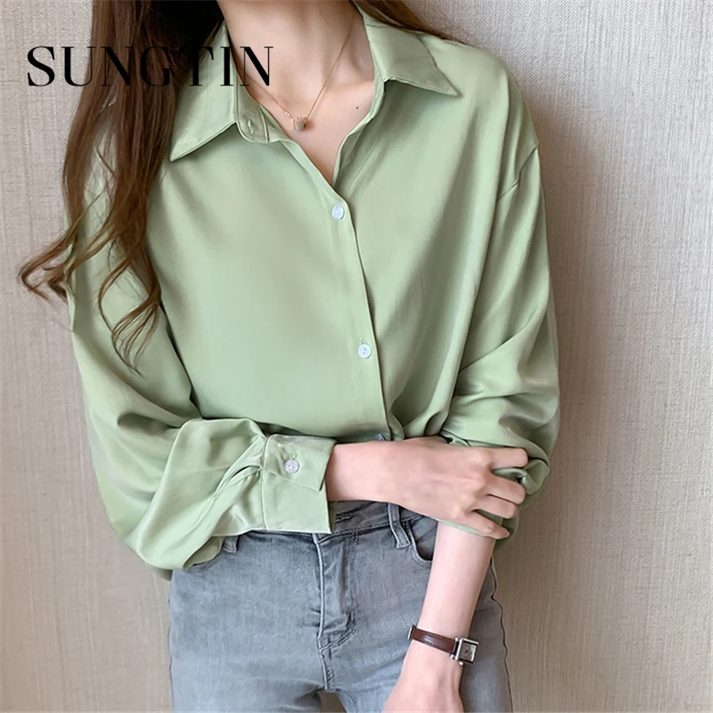 Sungtin mujer verde blusa camisas Social de oficina dama Chiffon blusas camiseta mujeres Vintage cuello OL trabajo nuevo negocio