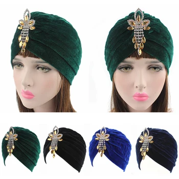 

Fashion Ladies Luxury Diamond Jewelery Turban Hats For Women Chemo Indian Hat Muslim Cap hat with beaded pendant women Headwear