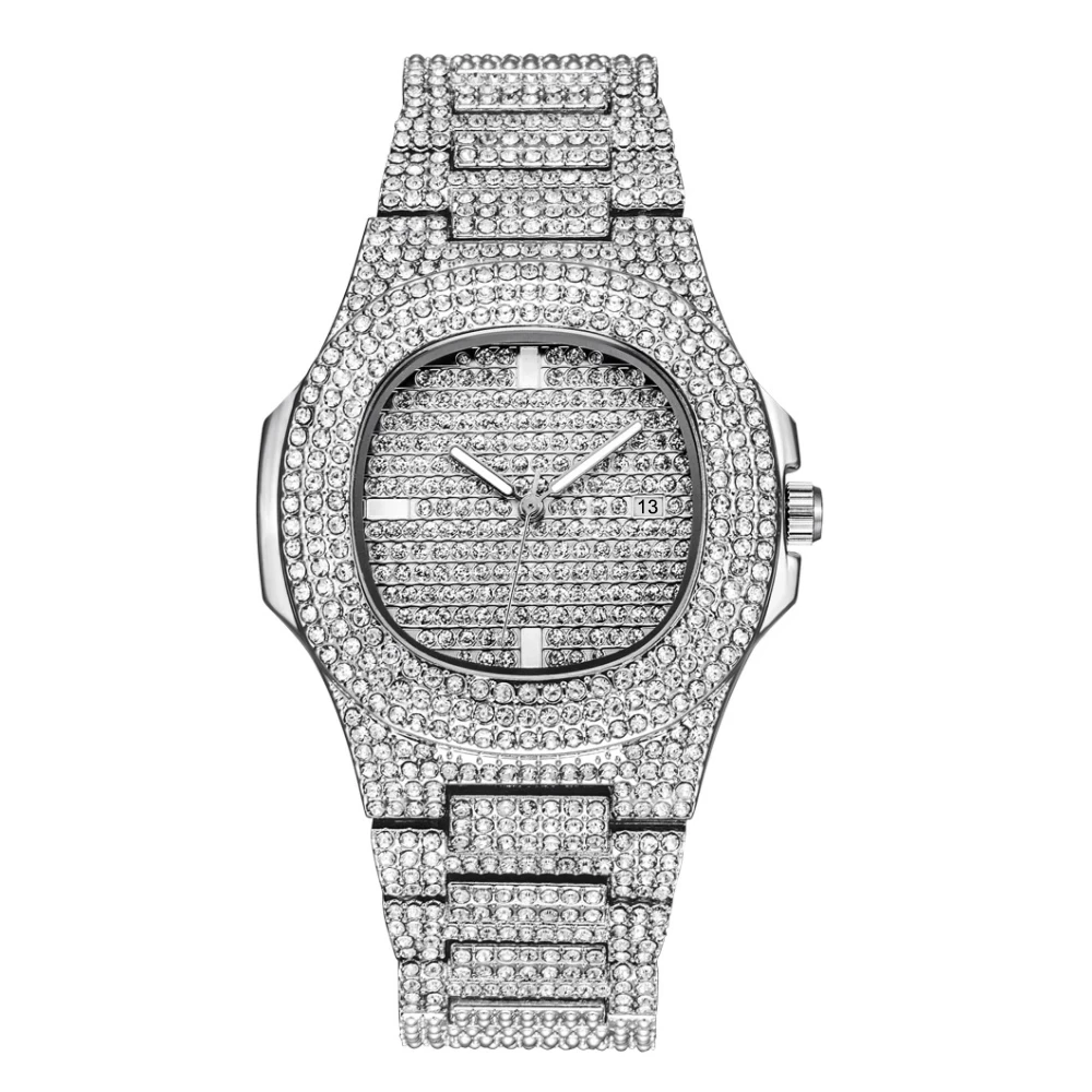 1PCs 2021 Hip Hop Men Iced Out Watches Luxury Date Quartz Wrist Watches With Micropave CZ Watch For Women Men Rhinestone Watches 