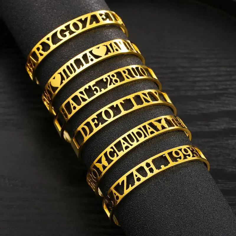 

Personalized Name Customized Bangles Adjustable Gold Color Stainless Steel DIY Open Bangles For Women Men Gift Fashion Jewelry