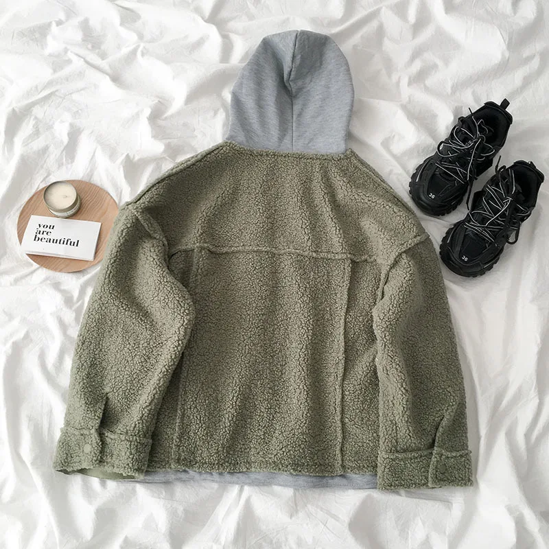 BF Свободное пальто из овечьей шерсти для женщин Harajuku винтажная Лоскутная куртка с капюшоном и длинными рукавами женская зеленая синяя Весенняя Верхняя одежда Топы пальто