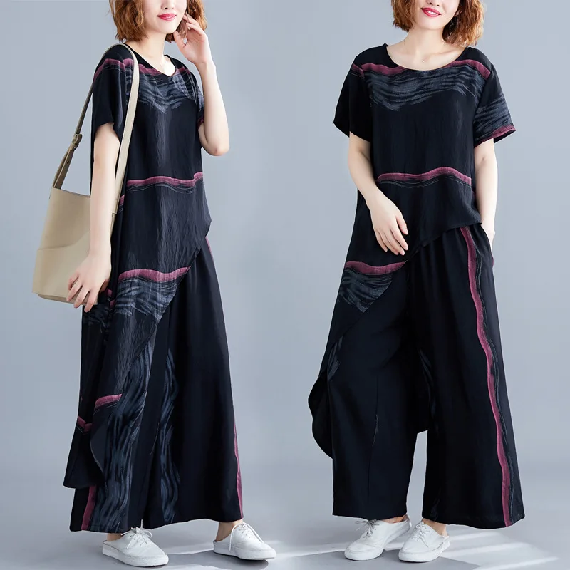 

2020 Summer Cotton Linen Loose And Plus-sized Frog Irregular Mid-length Casual Loose Pants Two-Piece Set