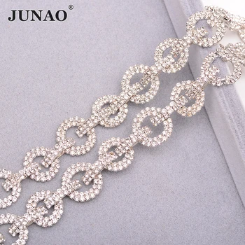

JUNAO 1 Yard Gold Silver Crystal Glass Rhinestone Chain Glass Metal Ribbon Sew On Trims Circle Strass Applique For Needlework