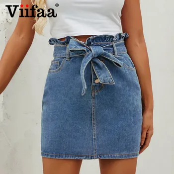 

Viifaa Paperbag Waist Blue Denim Mini Skirts Women Summer Ruffle High Waist Belted Button Fly Jeans Skirt