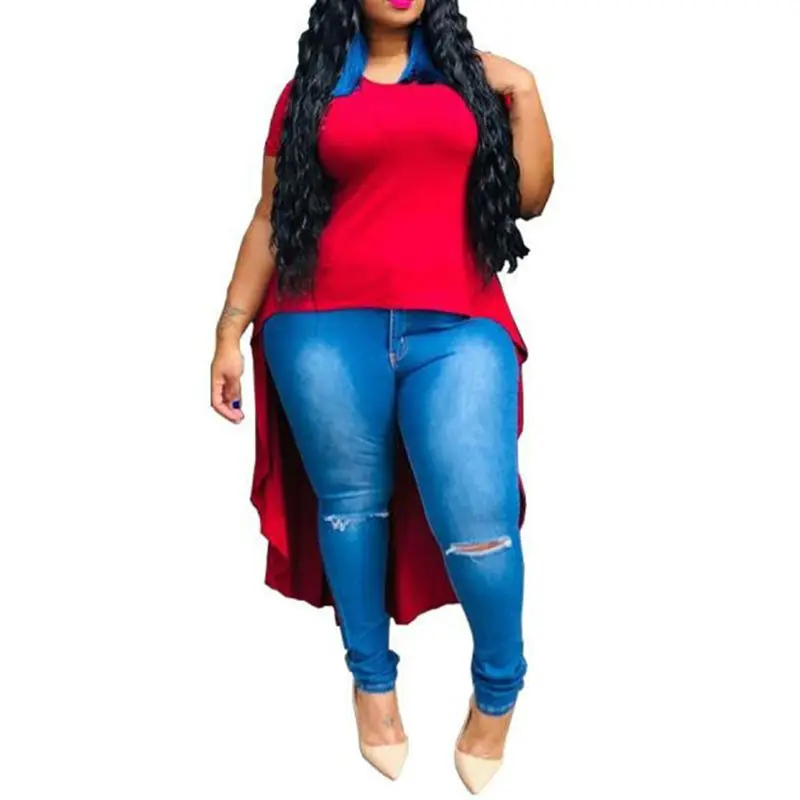 

Plus Size T-Shirt Women 2019 Summer African Style Asymmetrical V-Neck Long Tees Elegant Cusal Lady Top Shirts Blue/Red 3XL 4XL