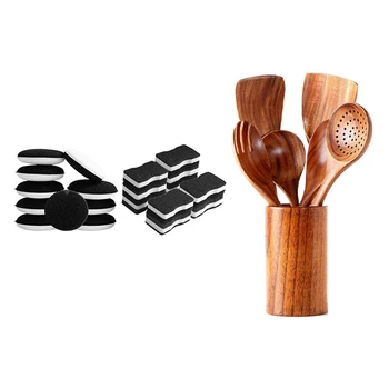

1 Set Nonstick Kitchen Tool Wooden Spoon and Spatula Salad Fork & 20 Pcs Sponge Round-Rectangular Cleaner Cleaning Brush