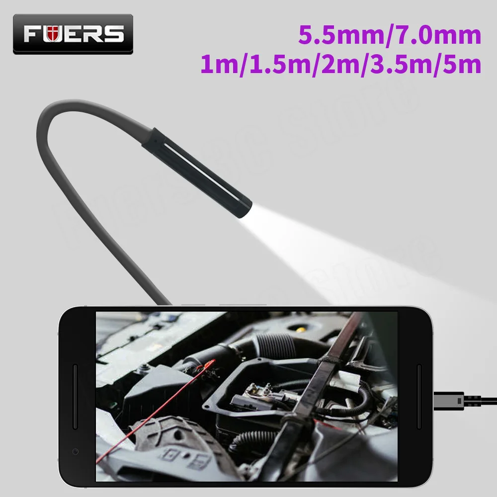 FUERS 5.5m/7mm Lens USB Endoscope Camera Waterproof Flexible Wire Snake Tube Inspection Borescope for OTG Compatible Android PC |