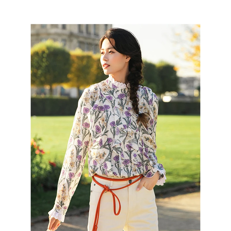 Goedkoop Inman Medium Hoge Kraag Literaire Retro Bloemen Vakantie Stijl Losse Lange Mouwen Vrouwen Blouse