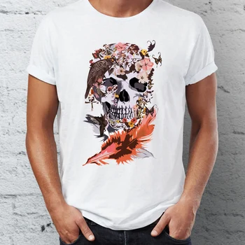 

Men's T Shirt Butterfly Birds and Floral Sugar Skull Nature Tee men classic basic white tee Casual loose O-Neck clothing summer