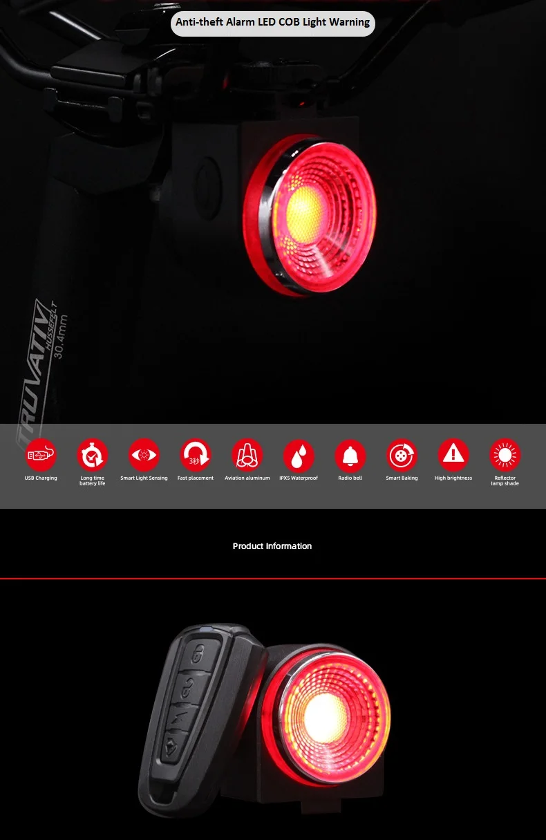 ANTUSI A8 Automatic Brake Taillight Remote Bicycle Rear Light Wireless Bell Road Bike Anti-theft Alarm Lock Q1 7 Colors MTB Lamp