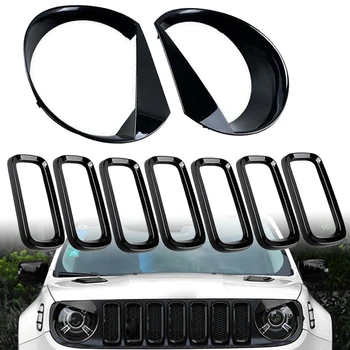 

Front Grill Insert+Angry Eyes Headlight Bezel Cover For 2015-2018 Jeep Renegade