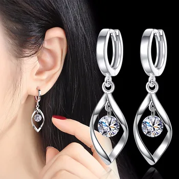 

Trendy Zircon Reduced 925 Silver Earrings Crystal Rotating Love Long Dangler Fashion Mini Rhinestone Hoop Earrings For Female