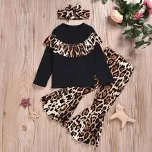 Комплект осенней одежды из 3 предметов для маленьких девочек, лидер продаж, леопардовые топы с оборками, мягкие дышащие расклешенные штаны и повязка на голову