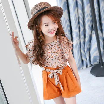 

4-12Years Summer Girls Clothing Sets Baby Kids Girl Clothes Chiffon Short-sleeved Blouse+Shorts 2Pcs Suit Teen Children Outfits