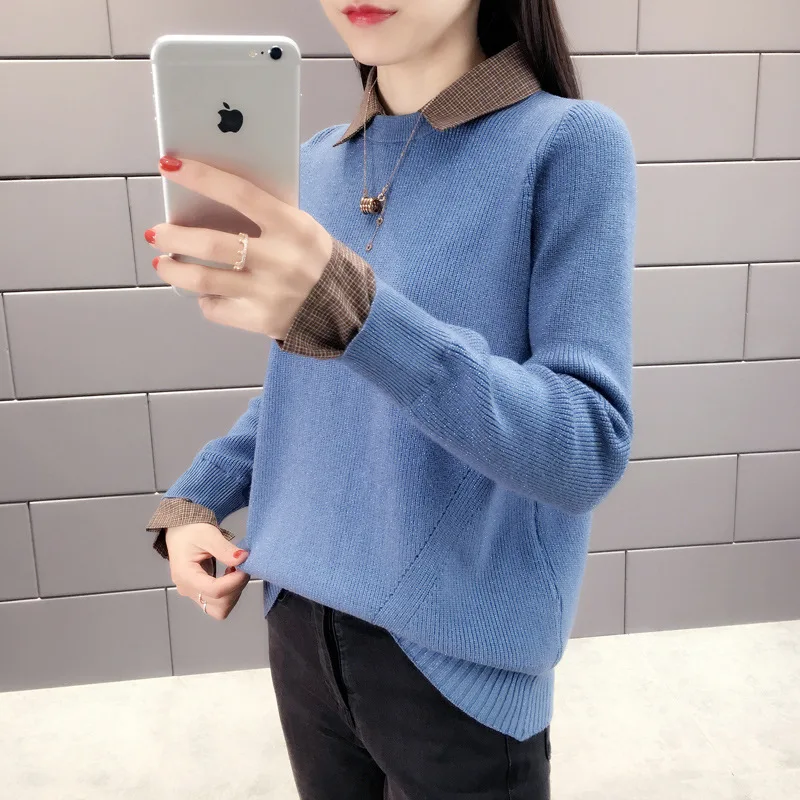 Sweater female new autumn fake two-piece head casual fashion loose shirt collar sweater solid color bottoming shirt women