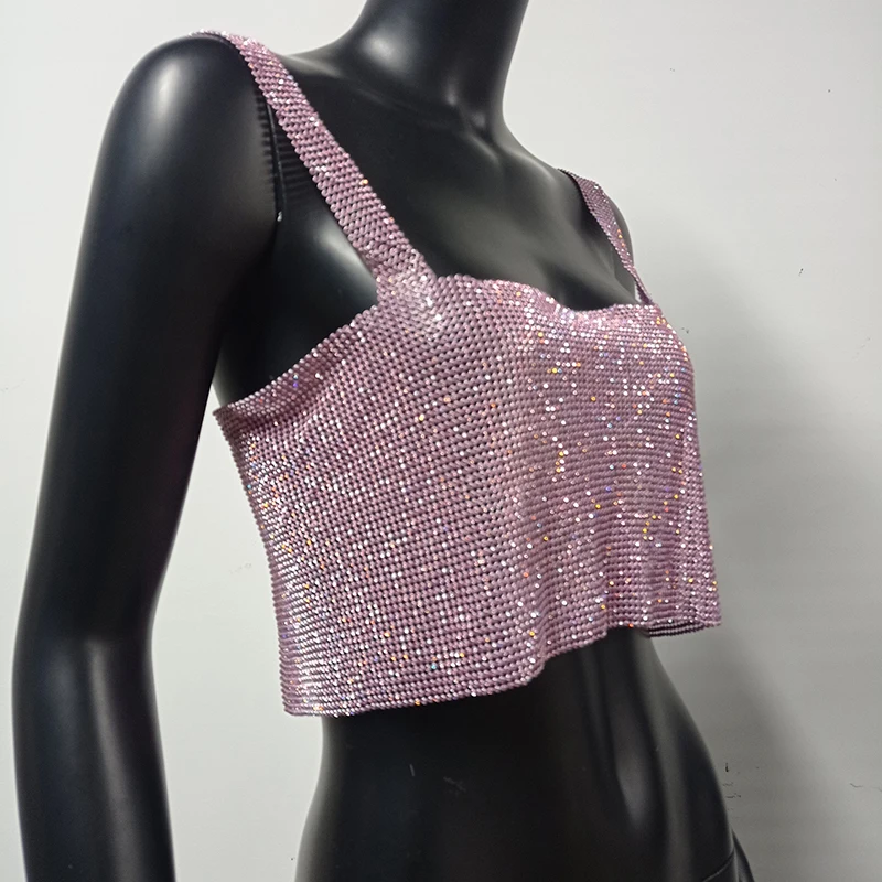 silk camisole Bling Rhinestones Party Crop Top 2022 Fashion Solid Backless Straps Full Diamonds Sequins Cami Cropped Top for Women camisole bra