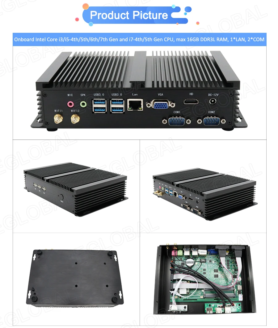 Eglobal Industrial Fanless Mini PC with I5 6300U, I7 10510U, Windows 7/8/10, VPN Router, VGA, HDMI, 4G, WiFi, BT Description Image.