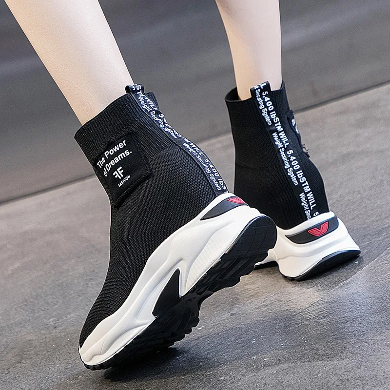 

Autumn Hight-top wa zi xie Women's Fly Woven 2019 Elevator WOMEN'S Shoes Online Celebrity Trendy Shoes Versatile Elasticity Thic