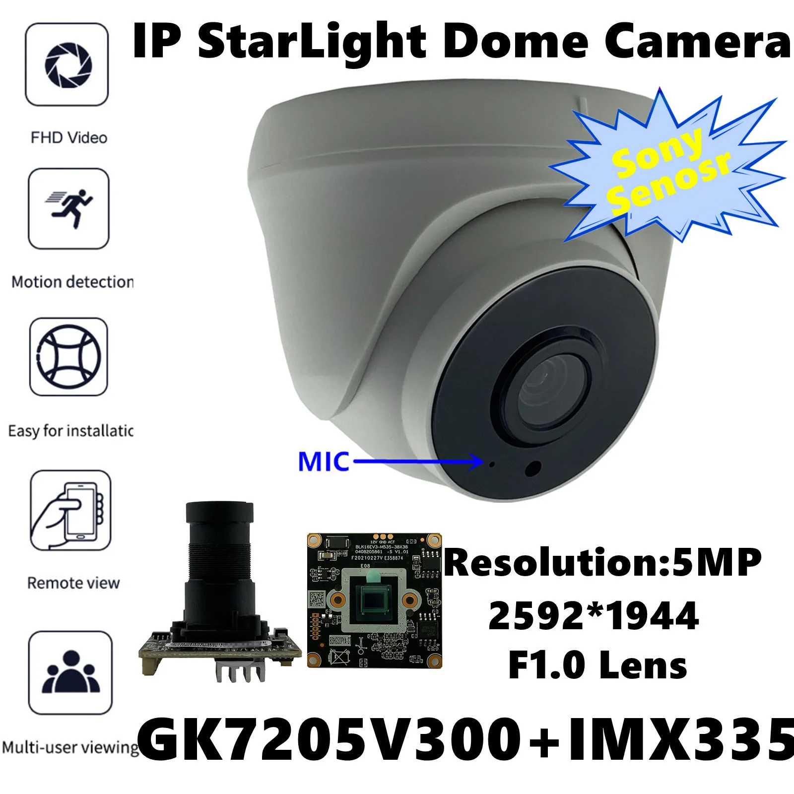 Sony IMX335+GK7205V300 StarLight F1.0 IP Indoor Ceiling Dome Camera ...