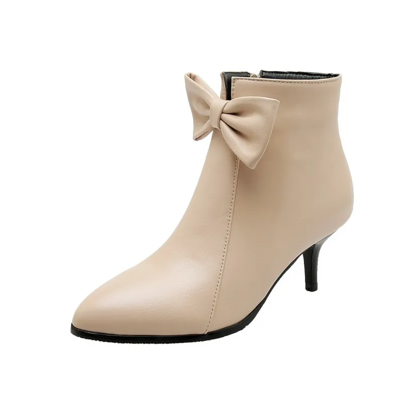 

KALENMOS Women Boots High Heel Pointed Toe Bow Pink Party Bootie Ladies Elegant Thin Heel Zip Office Ankle Boot Plus Size 34-46