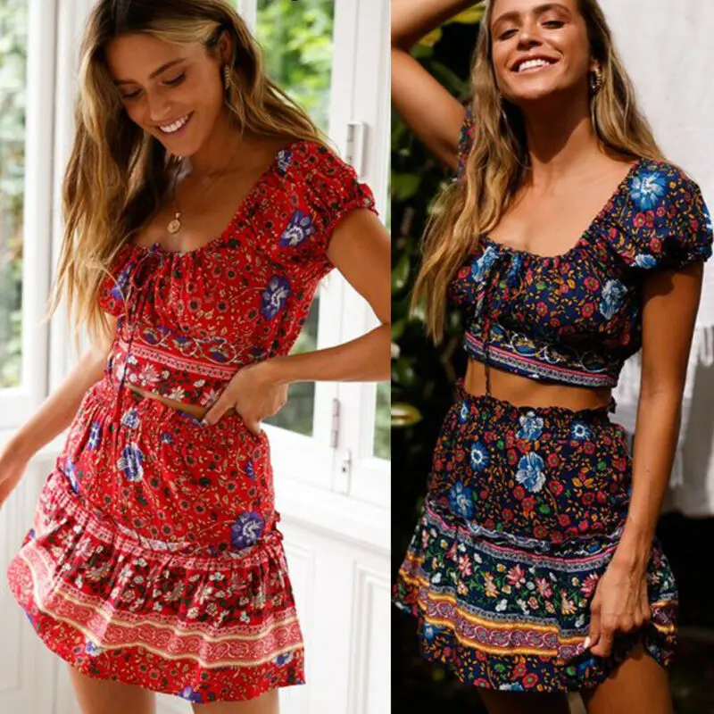 Летние сексуальные женские комплекты Boho с цветочным принтом шифоновые из двух