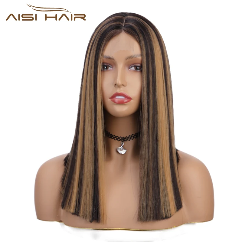 

AISI HAIR 14inches Middle Part Straight Lace Wig Mixed Brown and Black Wig Heat Resistant Synthetic Wigs for Black Women